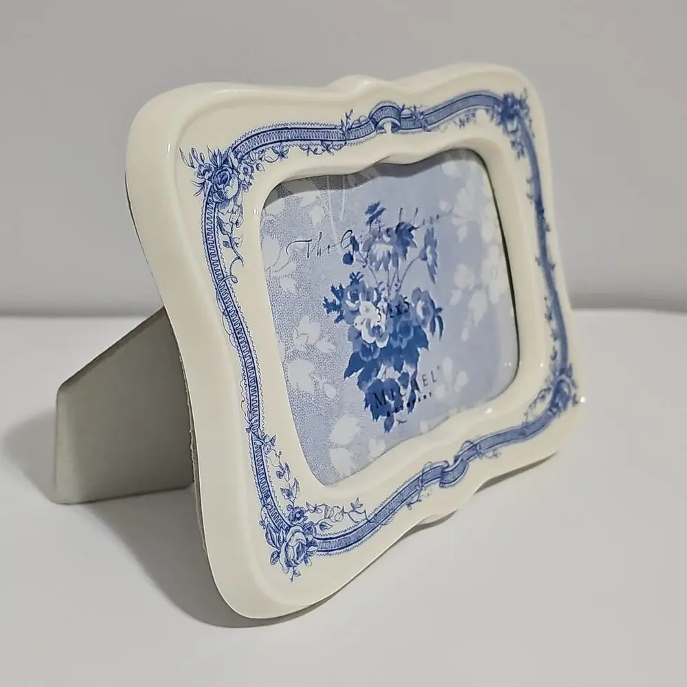 Michel & Co Ceramic Picture Frame Scallop Edge Blue Floral Toile Shabby Chic